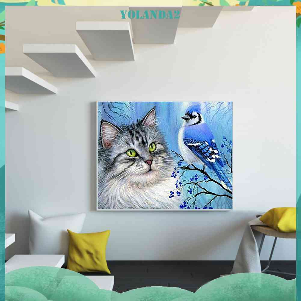 Bộ Tranh Đính Đá Toàn Diện Họa Tiết Mèo Và Chim Độc Đáo Trang Trí Nhà Cửa