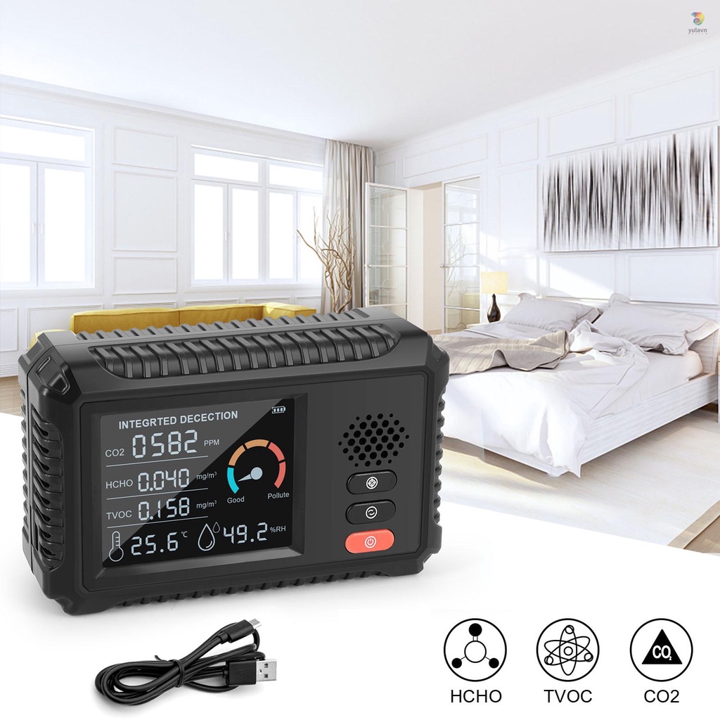 Máy Đo Độ Ẩm Không Khí Carbon Dioxide HCHO CO2 TVOC 5 Trong 1 Màn Hình LCD Đa Năng
