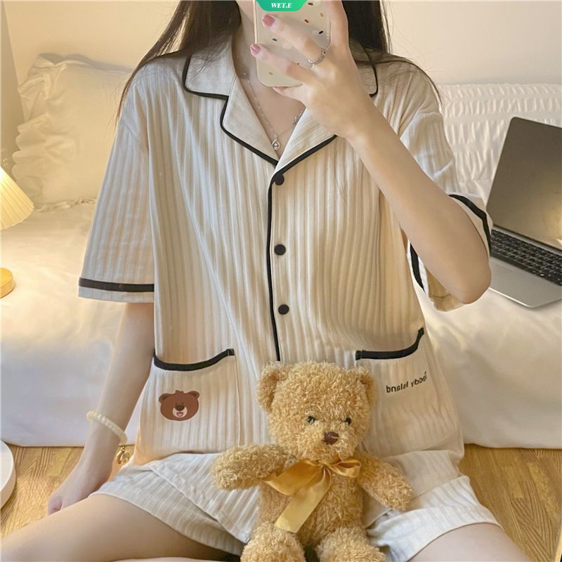 Bộ Đồ Ngủ Họa Tiết Gấu Hoạt Hình Dễ Thương Phong Cách Nhật Bản Thời Trang Xuân Hè Cho Nữ