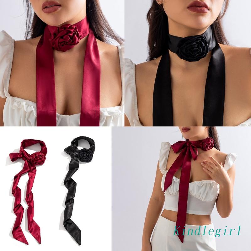 Vòng Cổ Choker Vải Satin Đen Đính Hoa Trà Nhã Nhặn
