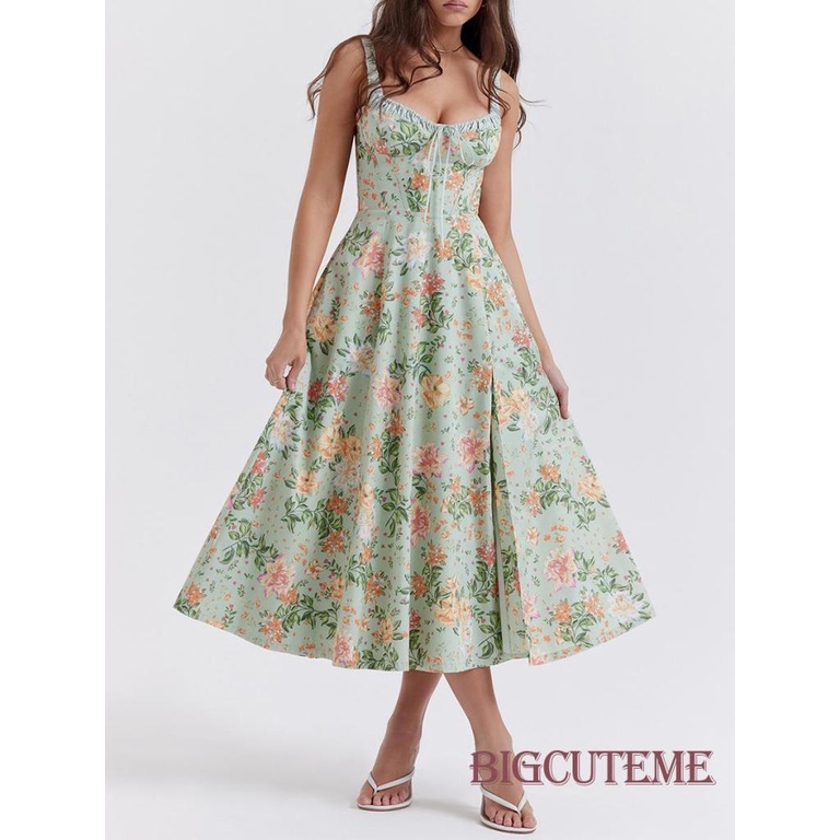 Đầm Midi Hai Dây Cổ Khoét Sâu In Họa Tiết Hoa Thời Trang Mùa Hè Cho Nữ