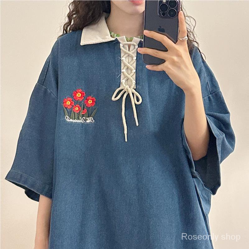 Áo Sơ Mi Denim Tay Ngắn Dáng Rộng Thêu Hoa Kiểu Retro Mỹ Thời Trang Mùa Hè Cho Nữ 1.0-150kg