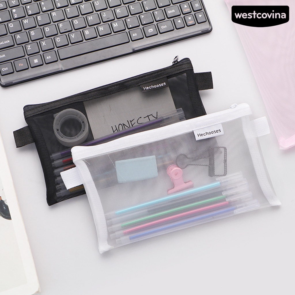 [COD]♪Túi Đựng Bút Bằng Nilon Trong Suốt Trọng Lượng Nhẹ Phối Lưới Có Khóa Kéo Tiện Dụng