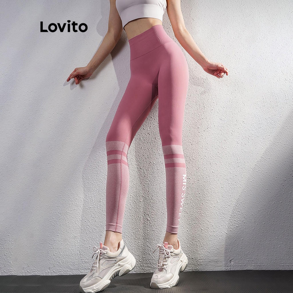 Quần legging lovito l04046 dáng ôm thể thao không xuyên thấu độ co giãn cao họa tiết ghép màu xanh dương/hồng