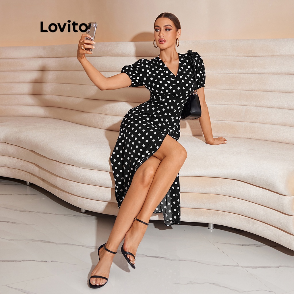 Lovito Bình thường Chấm bi V Cổ tay áo Nút áo Nữ Váy L35LD007 (Đen trắng)