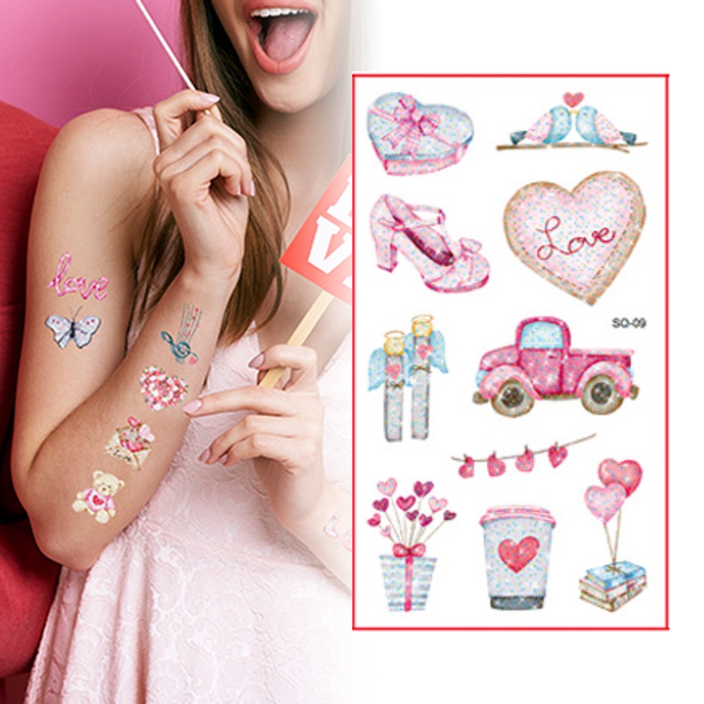 Bộ 10 Miếng Dán Hình Xăm Nhiều Màu Sắc Lấp Lánh Chống Thấm Nước Tự Dính Trang Trí Ngày Valentine Thời Trang