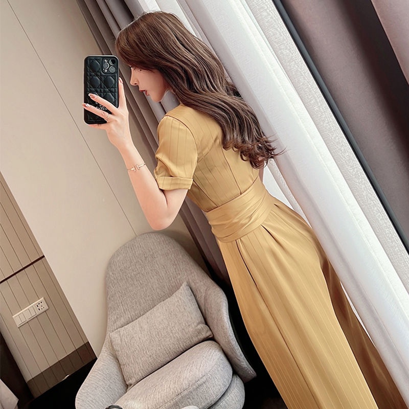 Design striped one-piece jumpsuit lace-up high waist straight casual wide leg jumpsuit for women