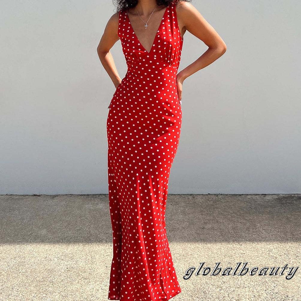 Đầm Dài Không Tay Cổ Chữ V Họa Tiết Chấm Bi Thời Trang Mùa Hè Cho Nữ