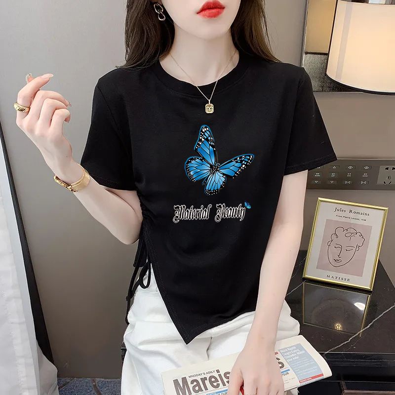 Áo Thun Ngắn Tay Thiết Kế Dây Rút Phong Cách Hàn Quốc Thời Trang Mùa Hè Mới Cho Nữ