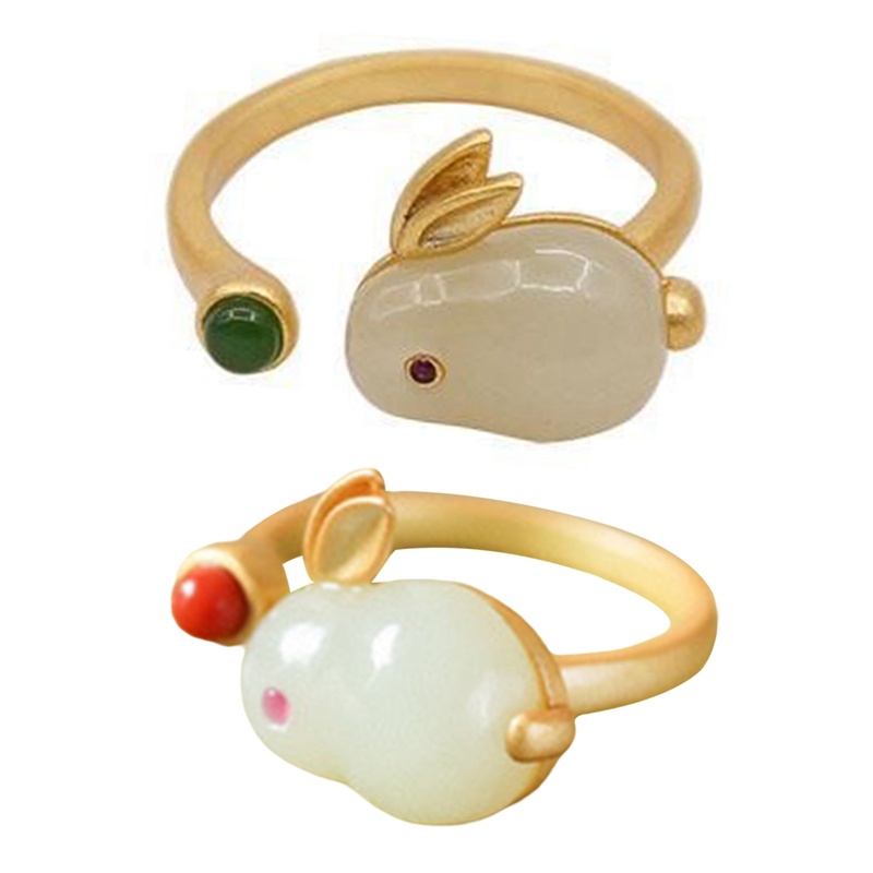 Margot Nhẫn Đính Đá Ngọc Bích Tự Nhiên Hình Thỏ Dễ Thương Có Thể Điều Chỉnh Cho Nữ