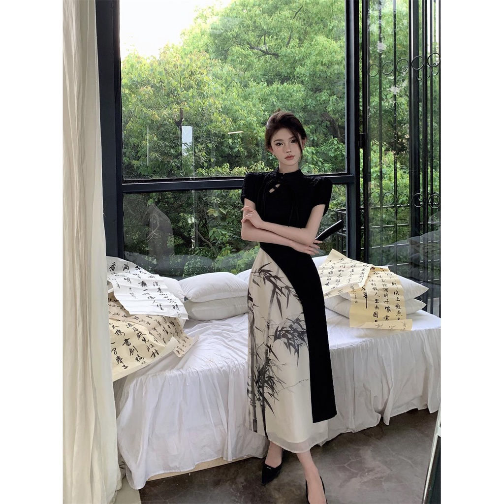 Đầm Sườn Xám Cách Tân Tay Ngắn Phong Cách Trung Hoa Thời Trang Mùa Hè 2023 Mới