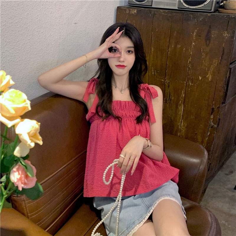 Áo Tank Top Sát Nách Màu Trơn Cổ Thắt Nơ Dáng Suông Thời Trang 2023