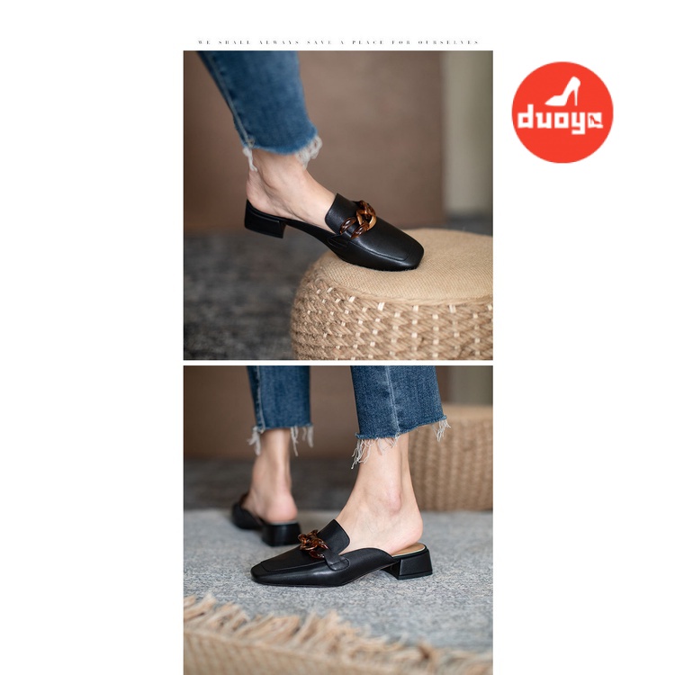 Duoya Tóc Thẳng ~ [Hàng Có Sẵn] Giày Sandal Gót Dày Vừa Mũi Vuông Có Khóa Kim Loại Thời Trang Mùa Hè Cho Nữ