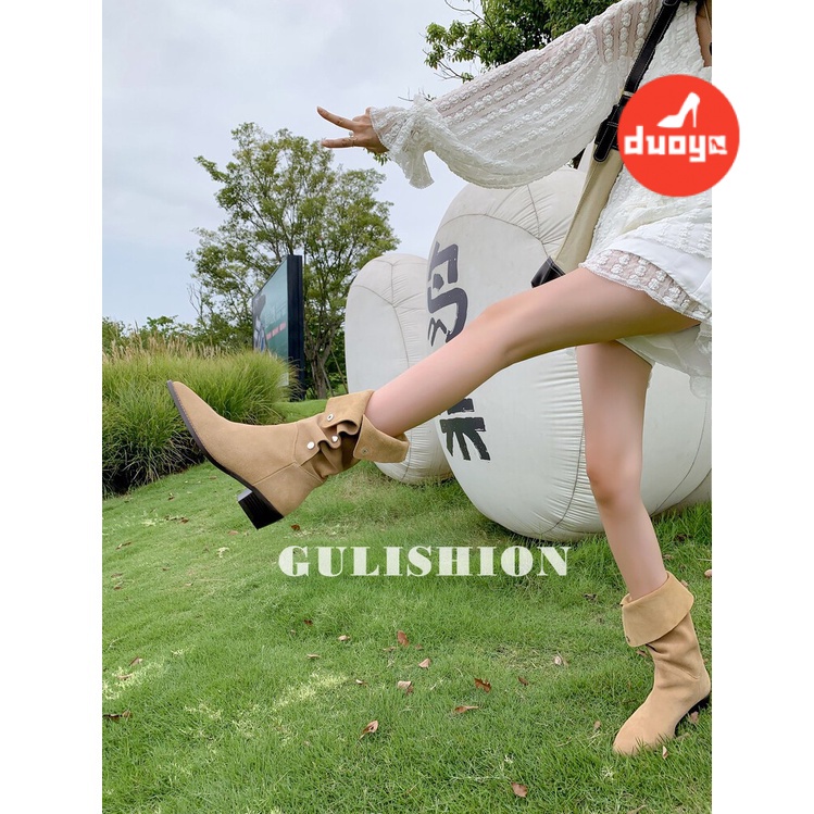 Duoya Factory Thẳng ~ [Cửa Hàng Có Sẵn] Giày Bốt Denim Ba Lỗ Mũi Nhọn Đế Dày Gấp Gọn Đinh Tán Phương Tây Cổ Điển