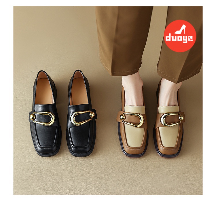 Duoya Giày Lười Da Mềm Mũi Vuông Phối Khóa Kim Loại Phong Cách Anh Quốc Cho Nữ
