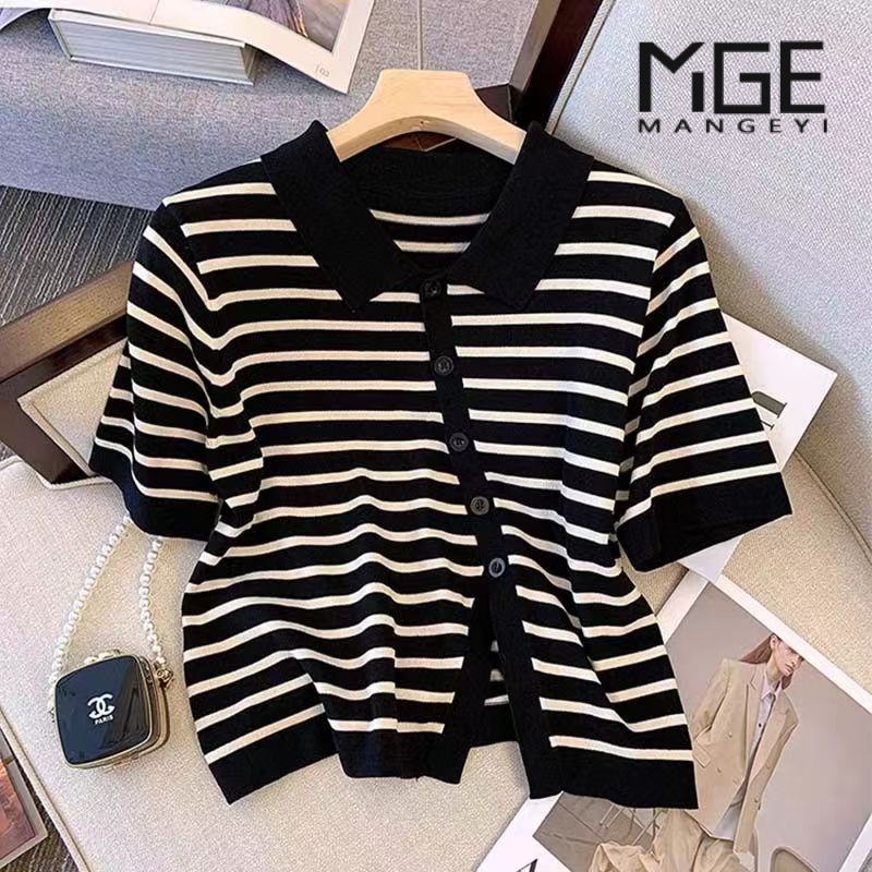 Áo Cardigan Dệt Kim Tay Ngắn Cổ polo Họa Tiết Kẻ Sọc Thời Trang Mùa Hè Cho Nữ