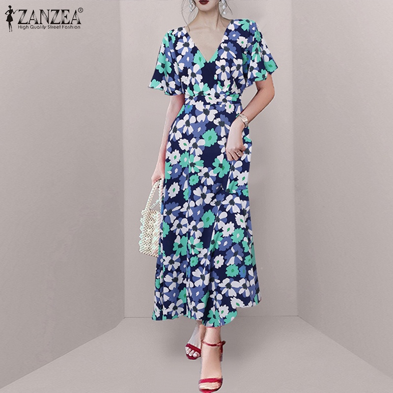 Đầm ZANZEA ngắn tay cổ chữ V in hoa thời trang cho nữ