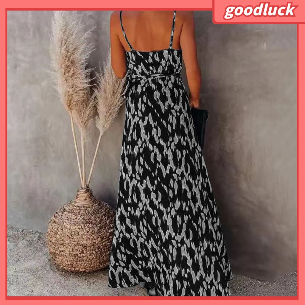 [ULK] Đầm Hai Dây Cổ Chữ V Họa Tiết Ngựa Vằn Hở Lưng Xẻ Tà Ôm Eo Gợi Cảm Cho Nữ