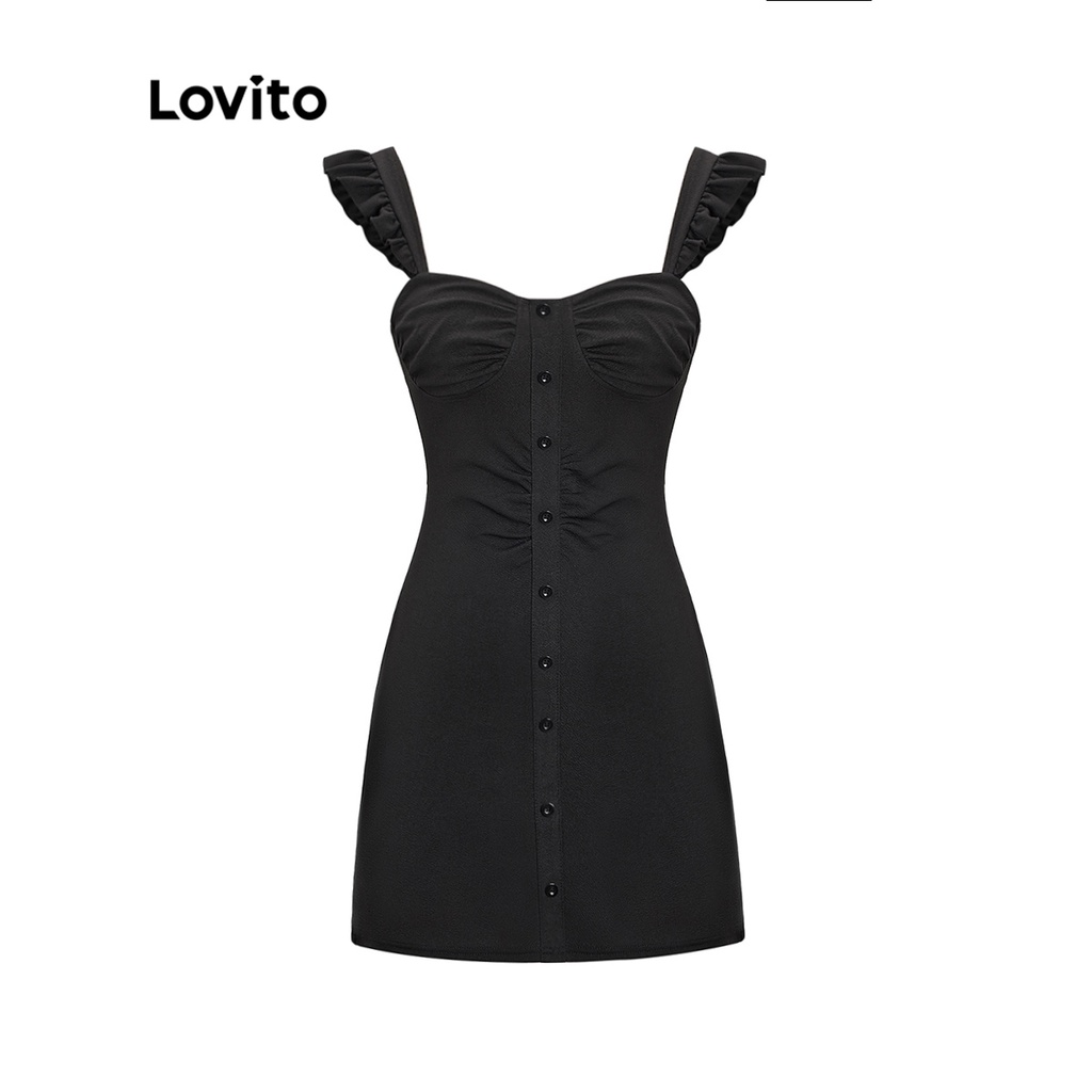 Đầm mini Lovito kiểu chữ A không tay trễ vai lai bèo xếp nếp màu trơn thường ngày cho nữ L51ED118 (Màu đen)