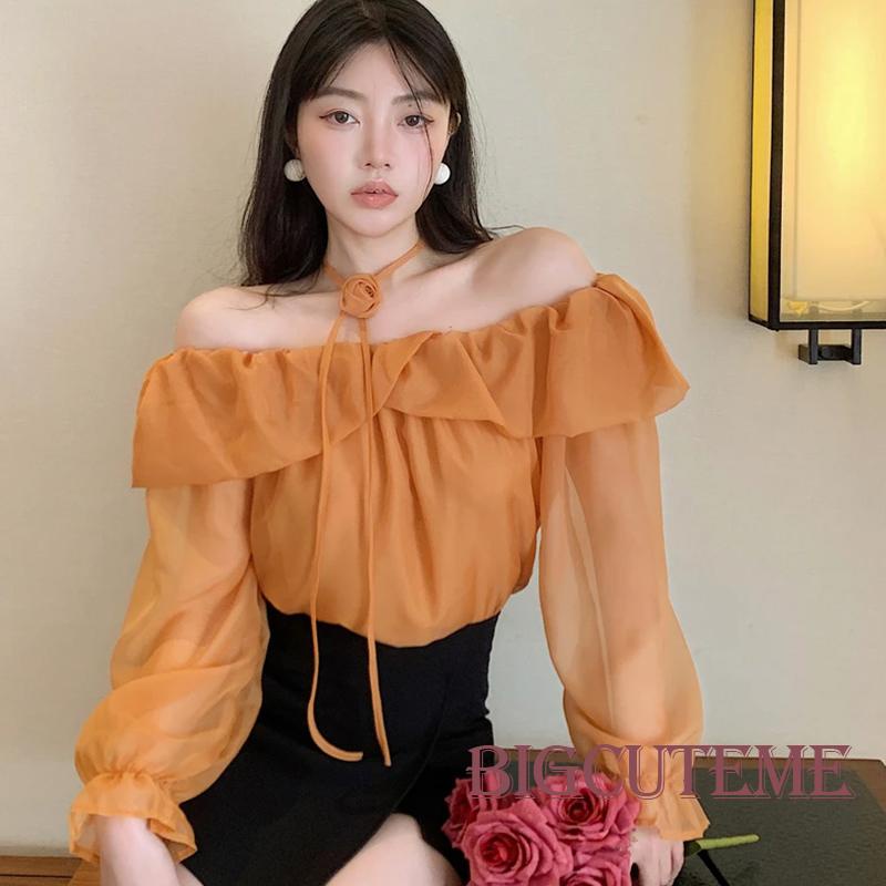 Set Áo Trễ Vai Xuyên Thấu Dài Tay + Vòng Cổ Hoa Thời Trang Dành Cho Nữ