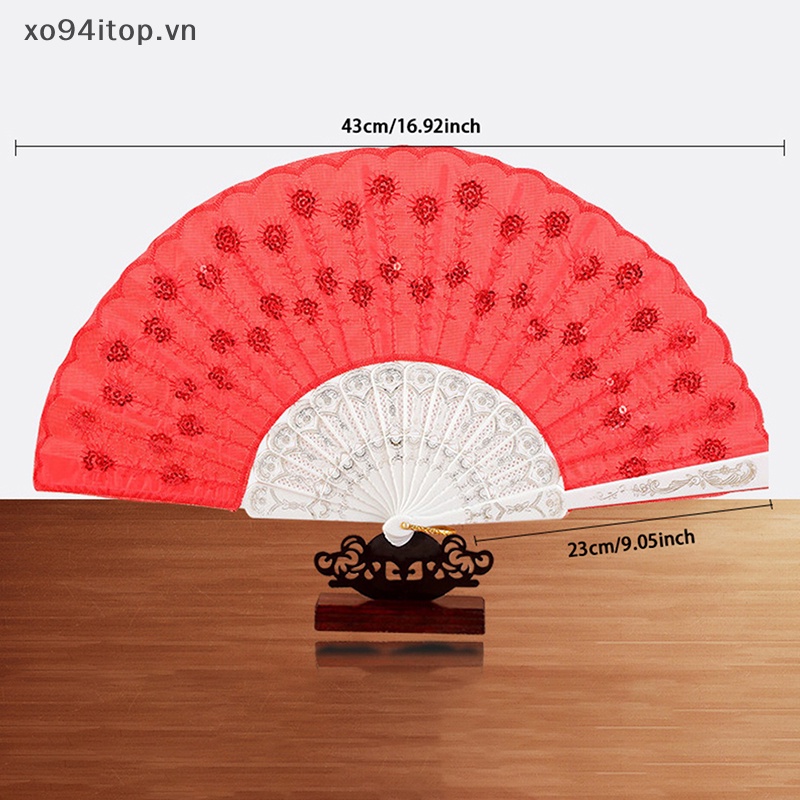 Quạt XOITOP Bằng Nhựa Họa Tiết Chim Công Đính Kim Sa Lấp Lánh Phong Cách Trung Hoa