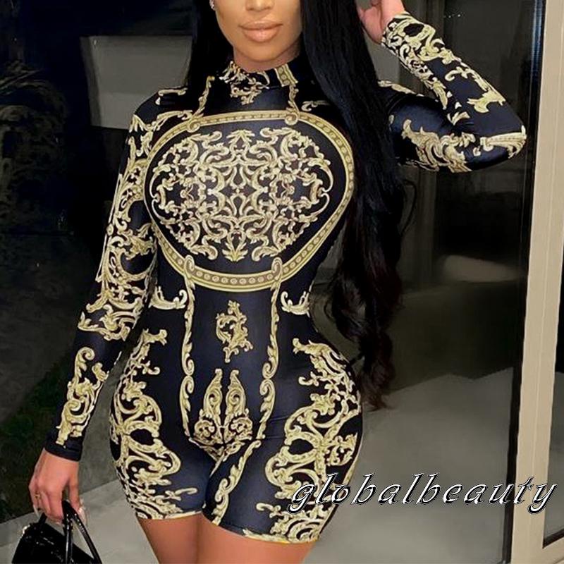 Bộ Áo Liền Quần Ngắn Tay Dài Cổ Cao Ôm Dáng In Họa Tiết Cho Nữ