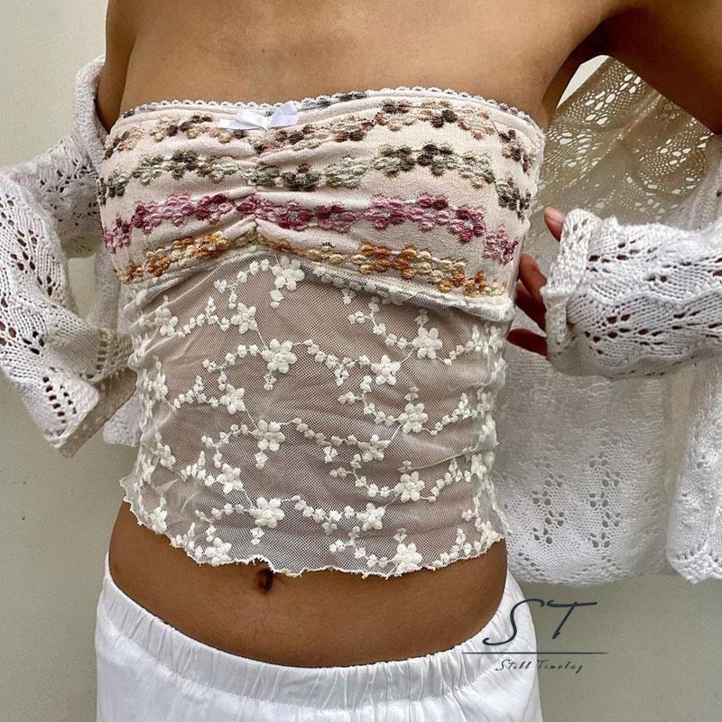 Áo Croptop Không Tay Xuyên Thấu Họa Tiết Hoa Thời Trang Đường Phố CY03