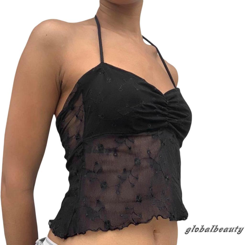 Áo Kiểu Không Tay Hở Lưng Nhìn Xuyên Thấu Họa Tiết Hoa Dành Cho Nữ