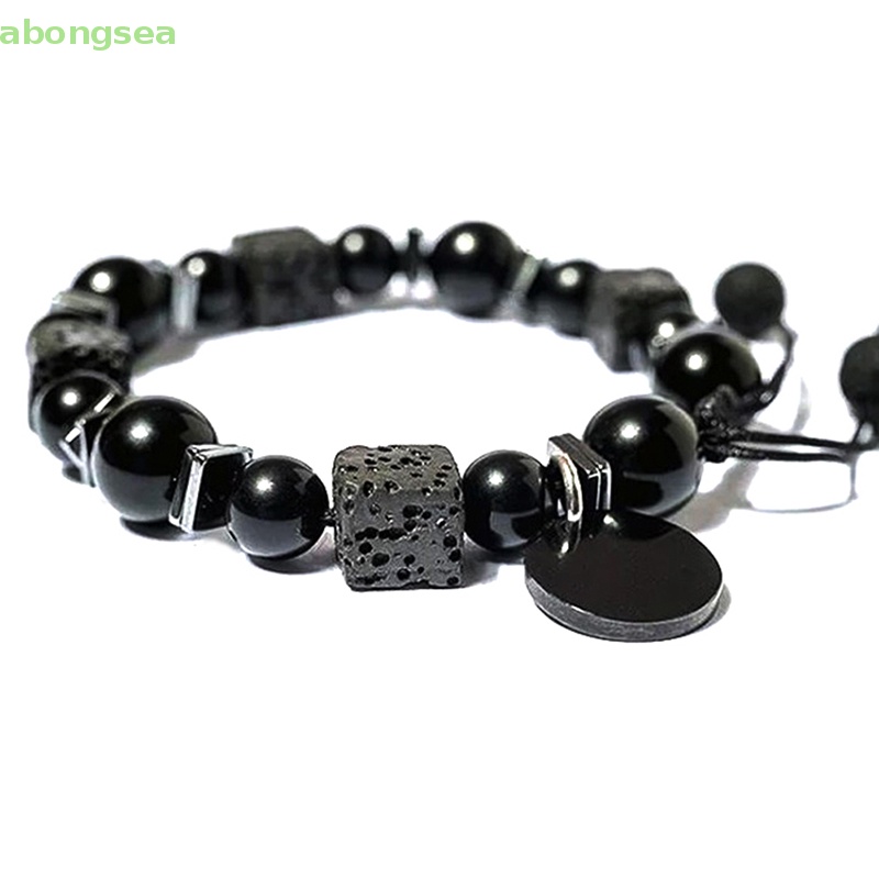 Abongsea Vòng Tay Chuỗi Hạt Đá Núi Lửa Mặt Vuông Màu Đen Thời Trang Cho Nam