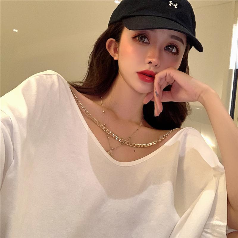 Áo Thun Ngắn Tay Dáng Rộng Xẻ Tà Phối Dây Xích Phong Cách Hong Kong Gợi Cảm Cho Nữ