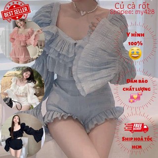 🔥HOT🔥 Set bộ đũi thiết kế áo bẹt vai nhún quần ngắn viền bèo siêu xinh