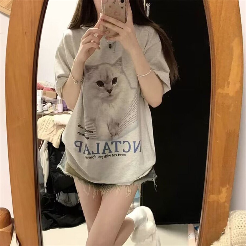 Xj-áo Thun Tay Ngắn Dáng Rộng In Hình Mèo Xám Nhạt Phong Cách Hàn Quốc Dễ Phối Đồ Thời Trang Cho Nữ