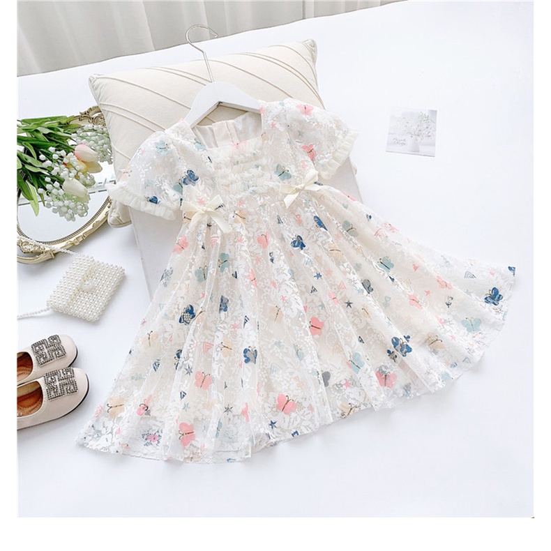 Đầm Công Chúa Tay Ngắn Phối Lưới Thời Trang Mùa Hè Xinh Xắn Cho Bé Gái