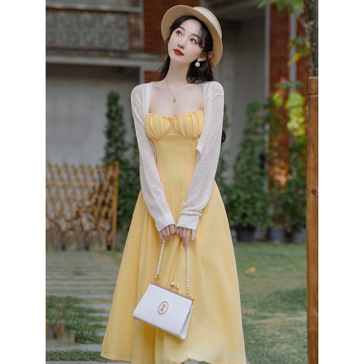 Plus Bộ Đầm Hai Dây Kèm Áo Khoác Cardigan Ngắn Tay Dài Nhẹ Nhàng Kiểu Pháp Thời Trang 2023 Cho Nữ 5.14