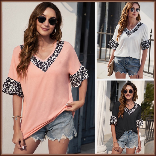 Áo Thun Cổ Chữ V Tay Xếp Nếp In Họa Tiết Da Báo Thời Trang Dành Cho Nữ