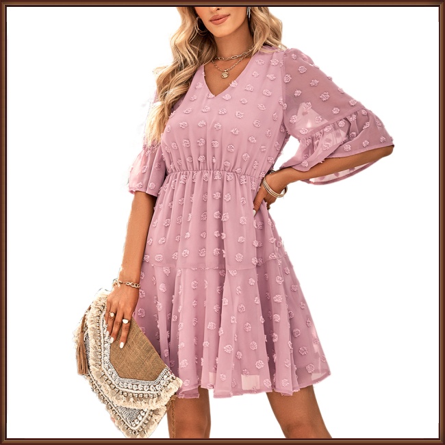 Đầm Tay Ngắn Cổ Chữ V Màu Trơn Thời Trang Mùa Hè Dễ Thương Cho Nữ