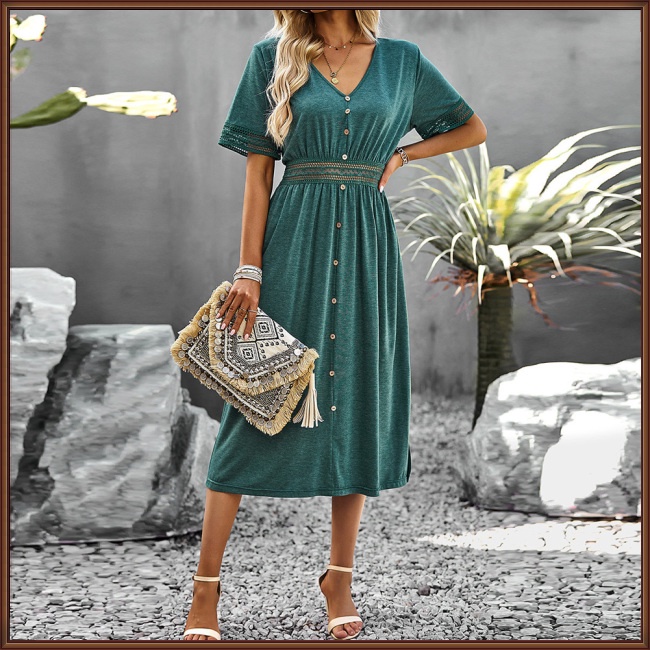 Đầm Midi Chữ A Tay Ngắn Cổ Chữ V Màu Trơn Thiết Kế Đơn Giản Thanh Lịch Thời Trang Mùa Hè Dành Cho Nữ