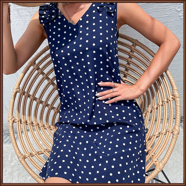 Đầm Midi Không Tay Cổ Chữ V Họa Tiết Chấm Bi Phong Cách Retro Dành Cho Nữ