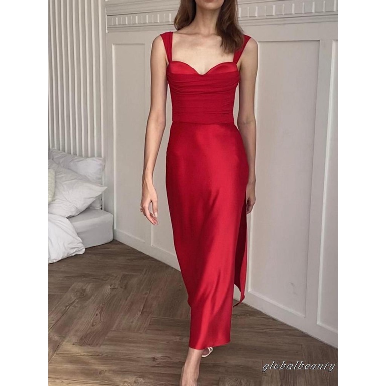 Đầm Hai Dây Dáng Dài Cổ Chữ V Màu Sắc Đơn Giản Thời Trang Mùa Hè Cho Nữ