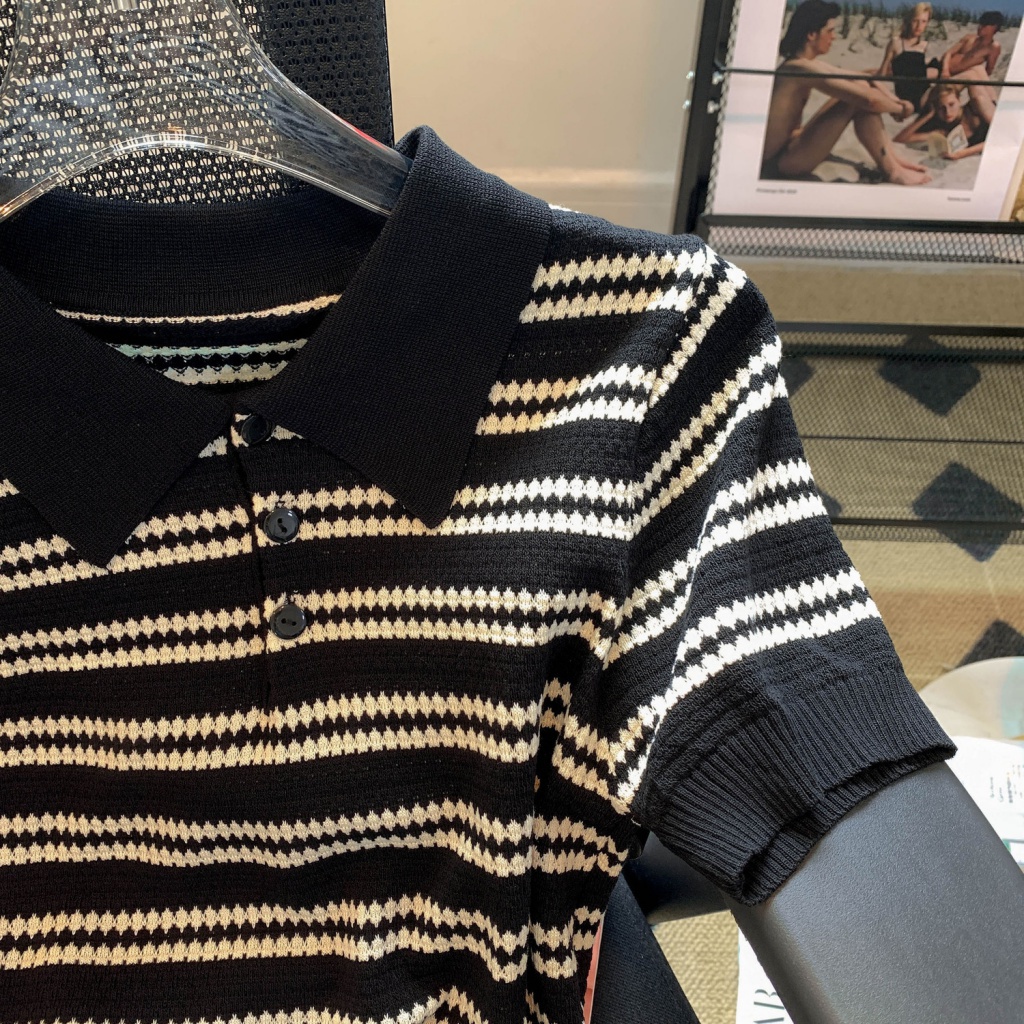 Áo Thun polo Ngắn Tay Họa Tiết Kẻ Sọc Màu Sắc Tương Phản Phong Cách Hàn Quốc Thời Trang Mùa Hè Cho Nữ