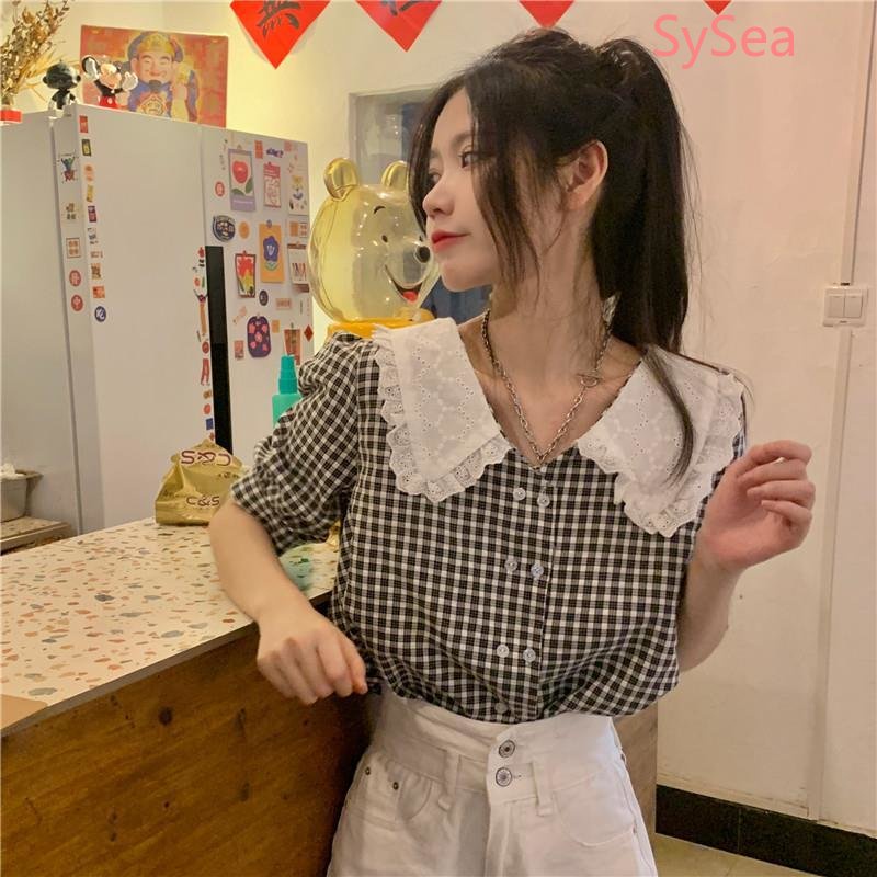 Áo Kiểu Tay Phồng Cổ Búp Bê Form Rộng Họa Tiết Sọc Caro Phong Cách Pháp