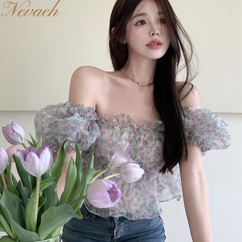 Áo Kiểu Trễ Vai Tay Phồng In Họa Tiết Hoa Thời Trang Mùa Hè Xinh Xắn Cho Nữ