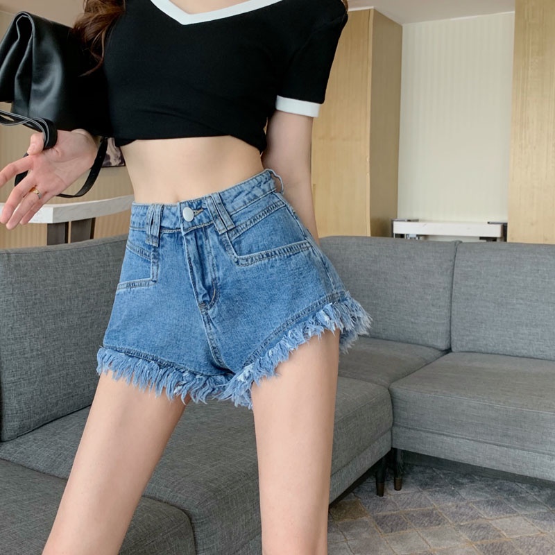 Quần Short denim Chữ A Lưng Cao Ống Rộng Thiết Kế Mới Mùa Hè Cho Nữ