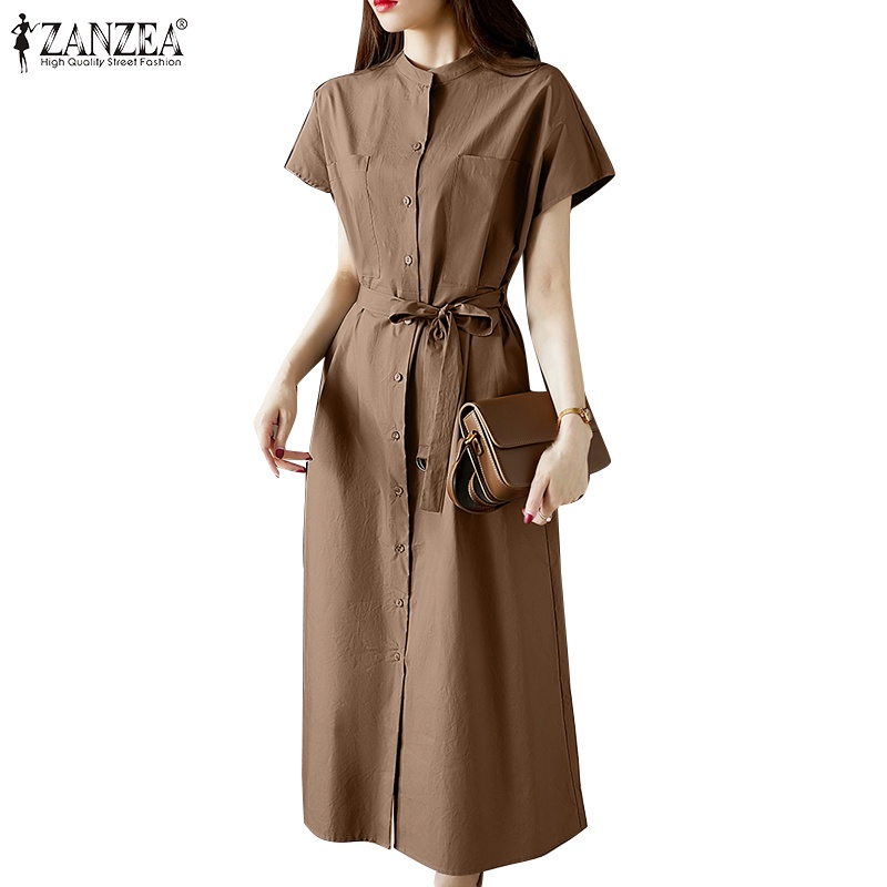 Đầm nữ ZANZEA ngắn tay cổ tròn lưng cao thời trang Hàn