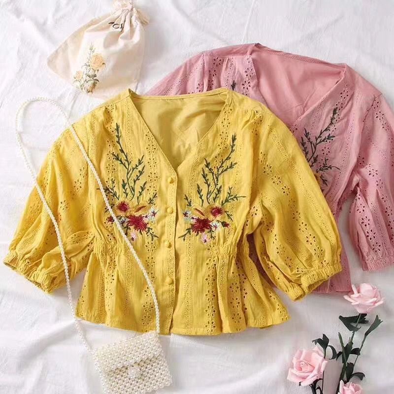 Xiaoxiang Áo Sơ Mi Tay Phồng Dáng Rộng Thêu Họa Tiết Rỗng Thời Trang Mùa Hè Phong Cách Hàn Quốc