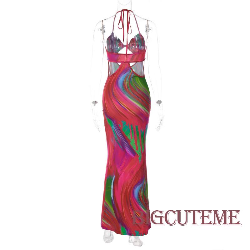 [] - Đầm Dài Hai Dây Ôm Dáng Không Tay Cắt Xẻ Họa Tiết Trừu Tượng Dự Tiệc Cho Nữ