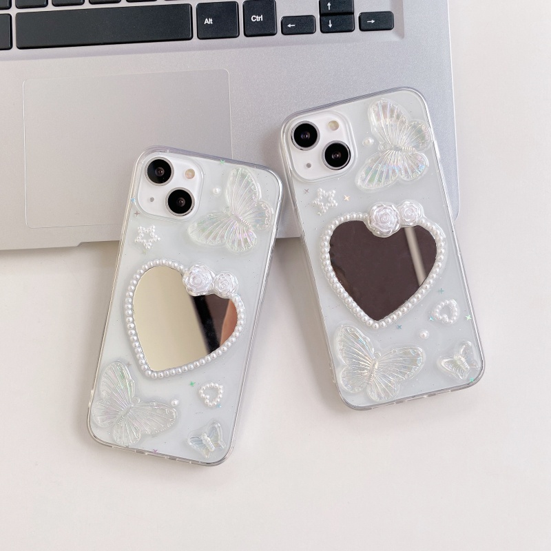 Ốp Điện Thoại Mềm Trong Suốt Chống Sốc Gắn Kèm Gương Hình Bướm / Hoa Hồng 3D Dành Cho iPhone 14 13 12 11 Pro Max 14 Plus