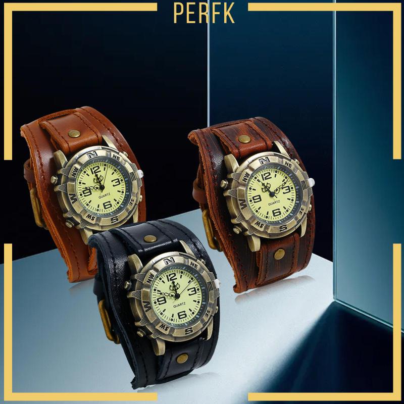 Đồng Hồ Đeo Tay Dây Da Màu Đen Phong Cách Punk Vintage Cho Nam