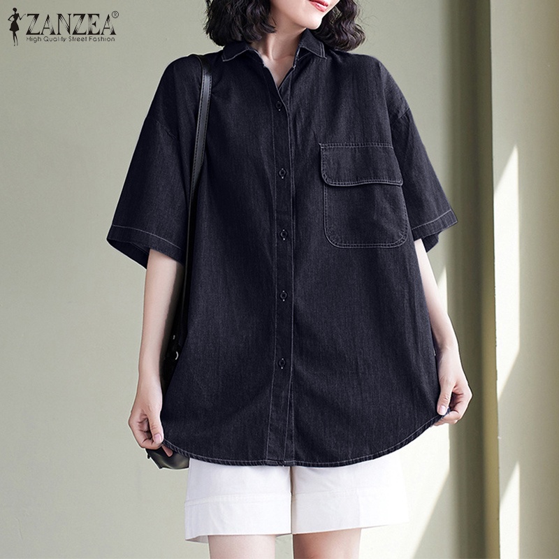 ZANZEA Áo Sơ Mi Tay Ngắn Có Túi Cài Nút Thời Trang Hàn Quốc Cho Nữ