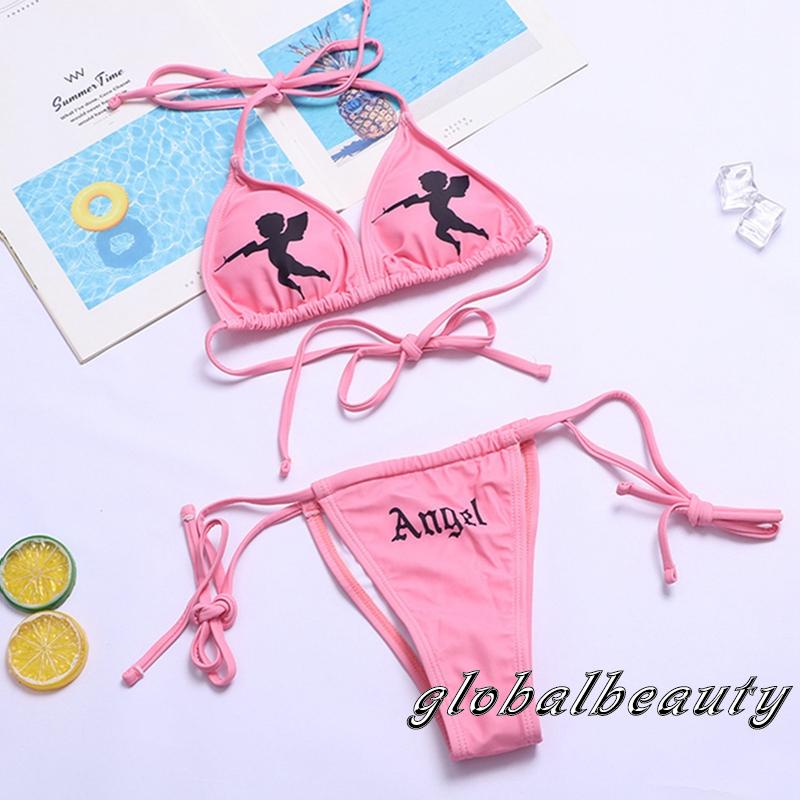 Gb-bộ Bikini 2 Mảnh Dây Buộc Sau Lưng Hình Tam Giác In Chữ Đi Biển Quyến Rũ Dành Cho Nữ